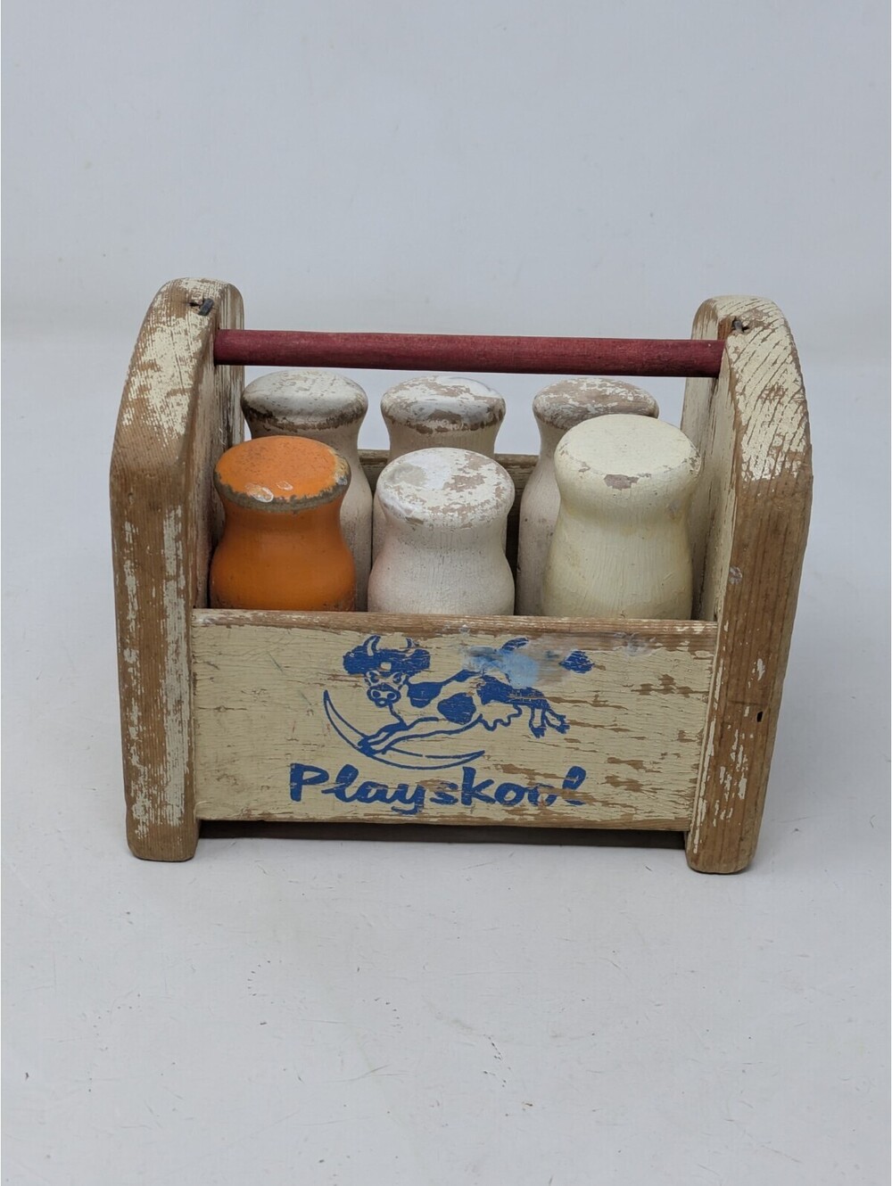Vtg 1950 Playskool Wooden Milk Crate w/6 Mini Wood Bottles Cow Jumping Over Moon